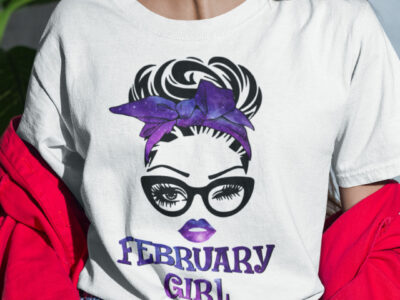 February Birthday Girl T Shirt Black Glasses Purple Headband