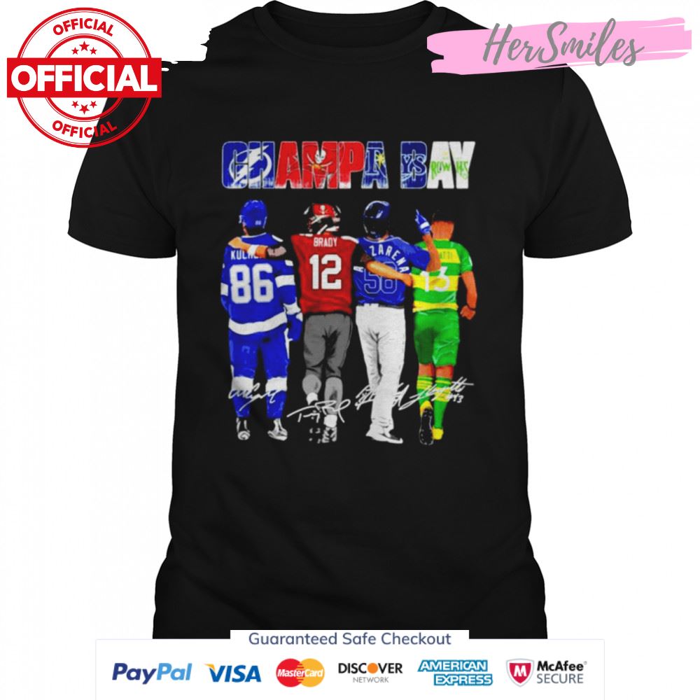 Champa Bay Nikita Kucherov Tom Brady Randy Arozarena and Sebastián Guenzatti signatures shirt