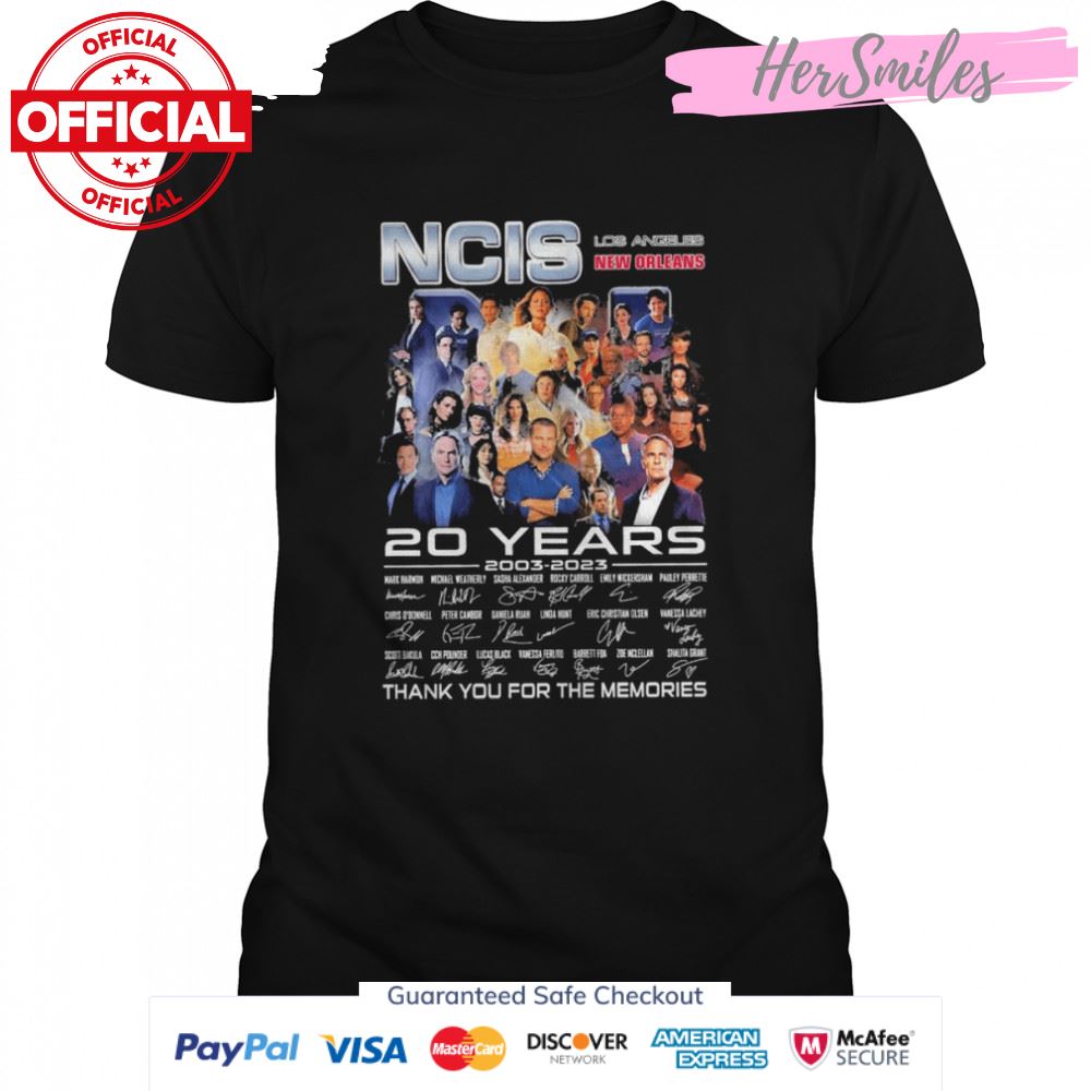 The NCIS Los Angeles New Orleans 20 years 2003 2023 signatures thank you for the memories shirt
