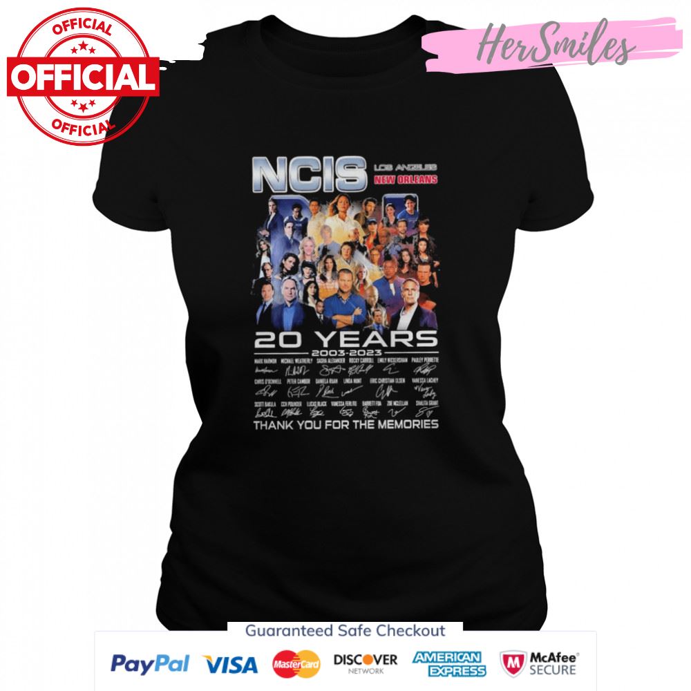 The NCIS Los Angeles New Orleans 20 years 2003 2023 signatures thank you for the memories shirt