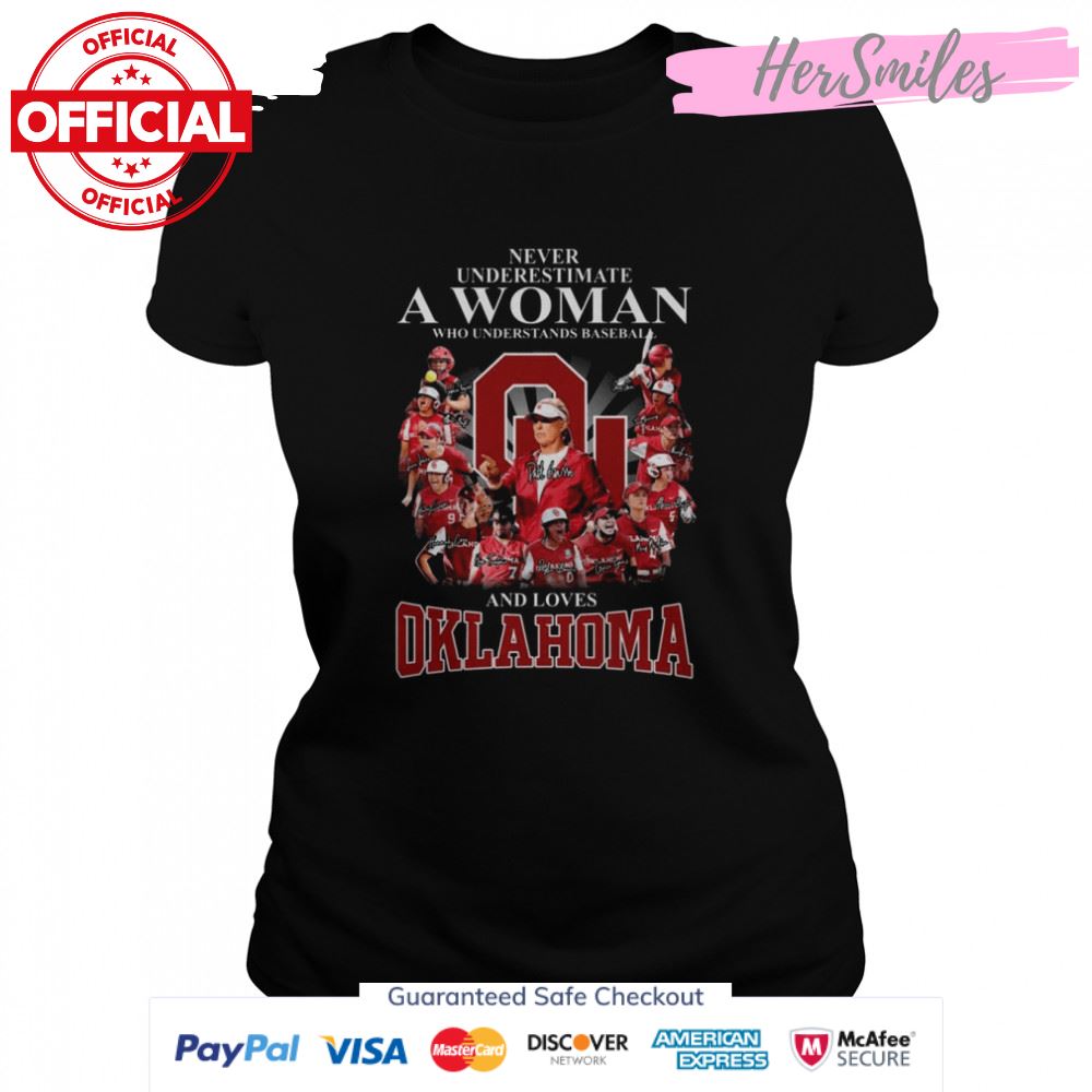 Never Underestimate A Woman Who Understands Softball And Loves Okalhoma Sooners Signatures Shirt