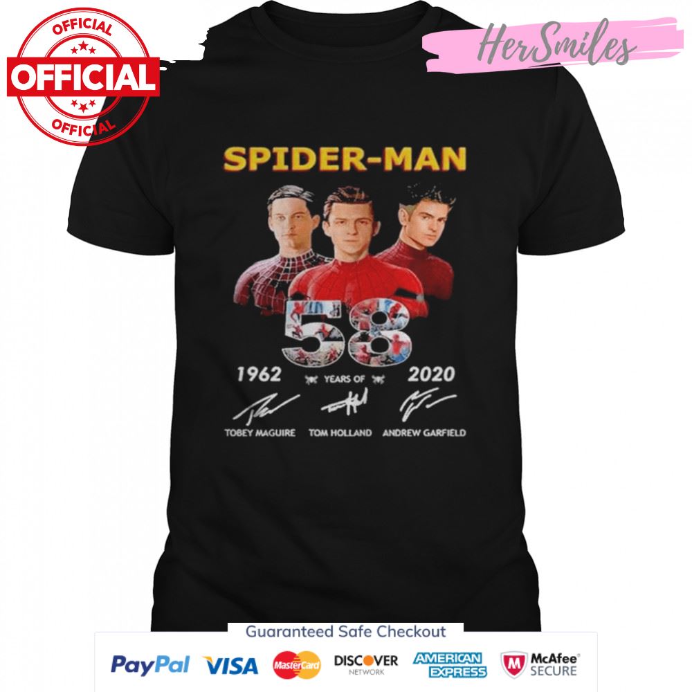 58 years of spider man tobey maguire tom holland andrew garfield signatures shirt