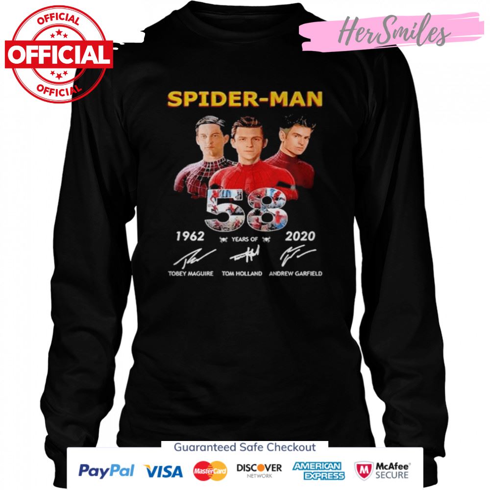 58 years of spider man tobey maguire tom holland andrew garfield signatures shirt 58 years of spider man tobey maguire tom holland andrew garfield signatures shirt