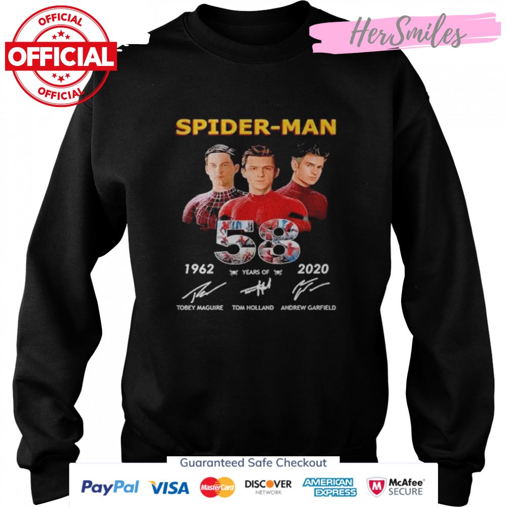 58 years of spider man tobey maguire tom holland andrew garfield signatures shirt 58 years of spider man tobey maguire tom holland andrew garfield signatures shirt