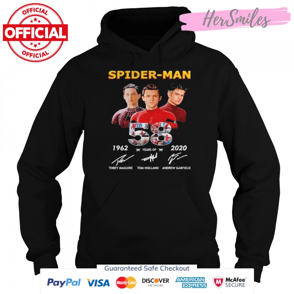 58 years of spider man tobey maguire tom holland andrew garfield signatures shirt 58 years of spider man tobey maguire tom holland andrew garfield signatures shirt