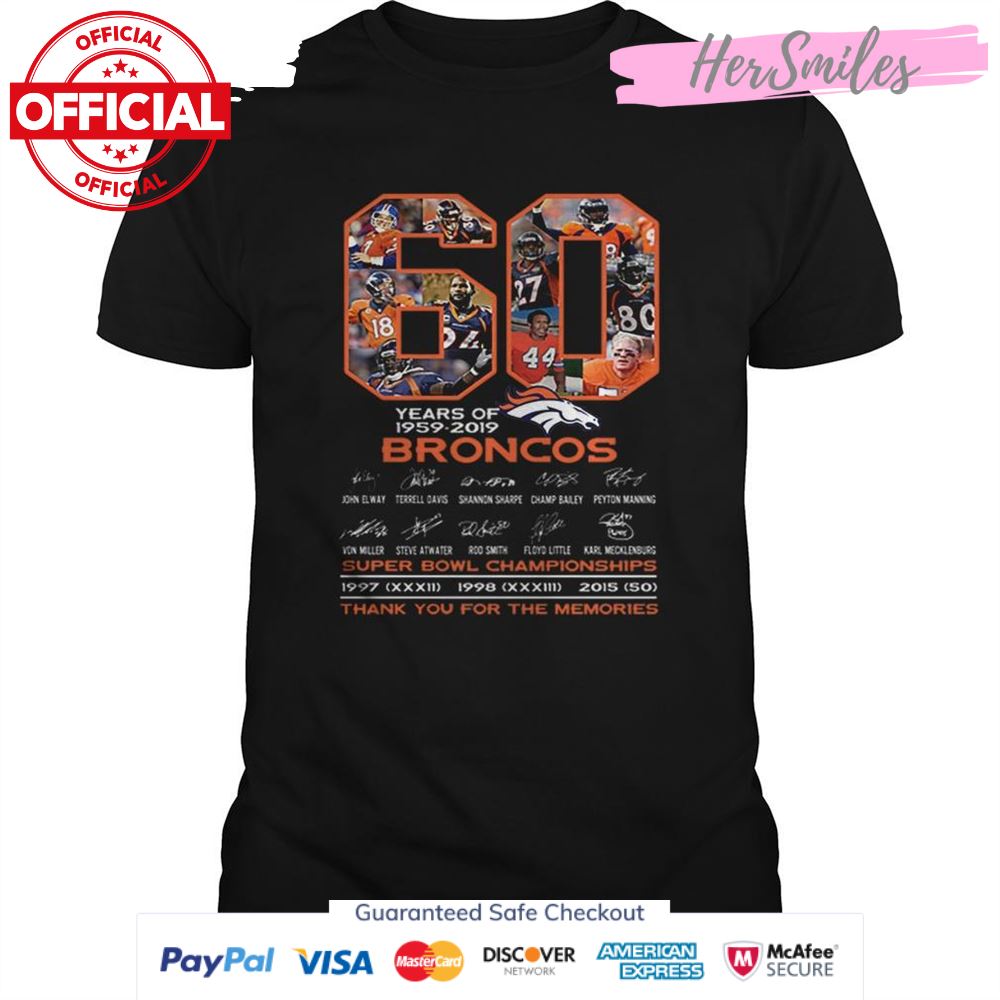 60 years of 19592019 Denver Broncos signatures Super Bowl Championships shirt