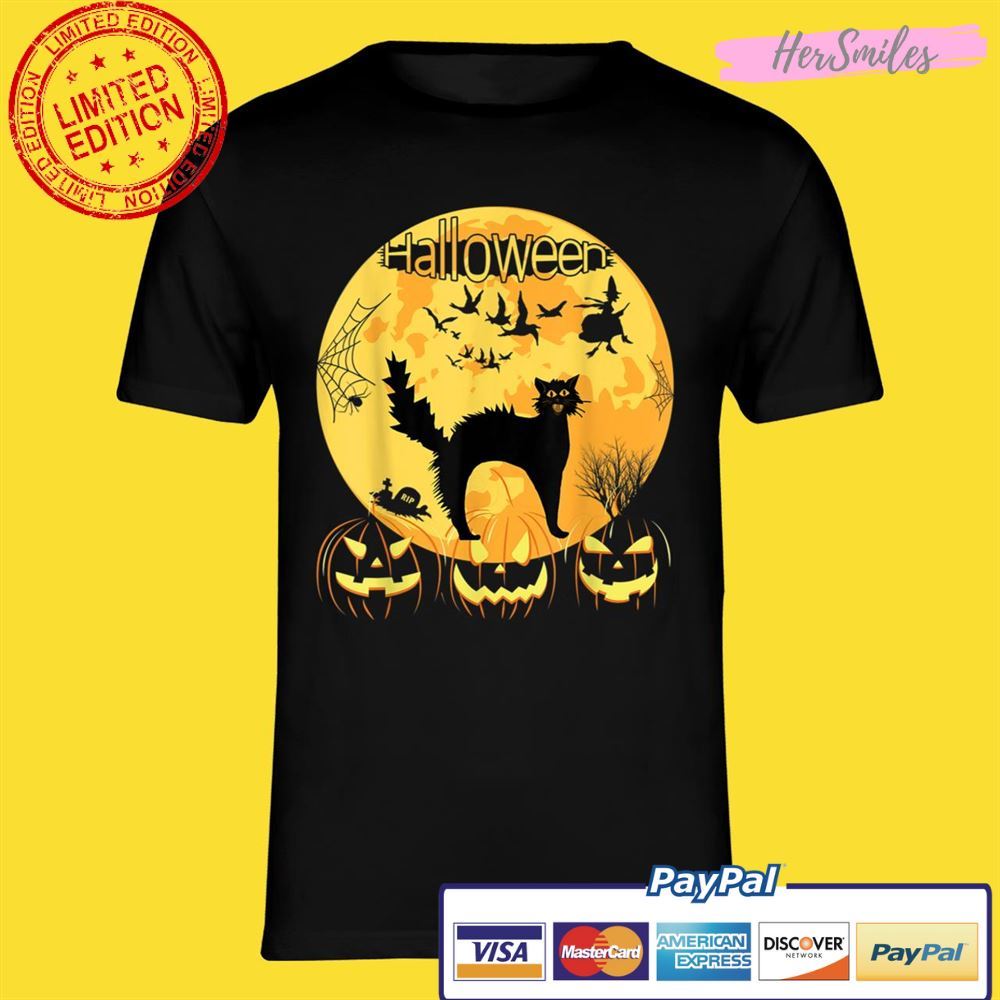 Black Scary Cat with Lighted Eyes Halloween Unisex T-Shirt