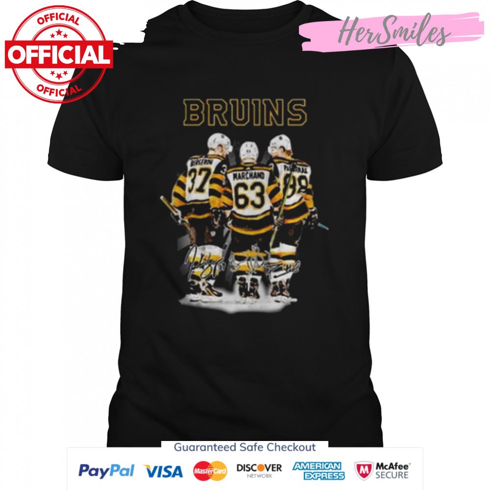 Boston bruins teams brad marchand patrice bergeron &amp david pastrnak signatures shirt