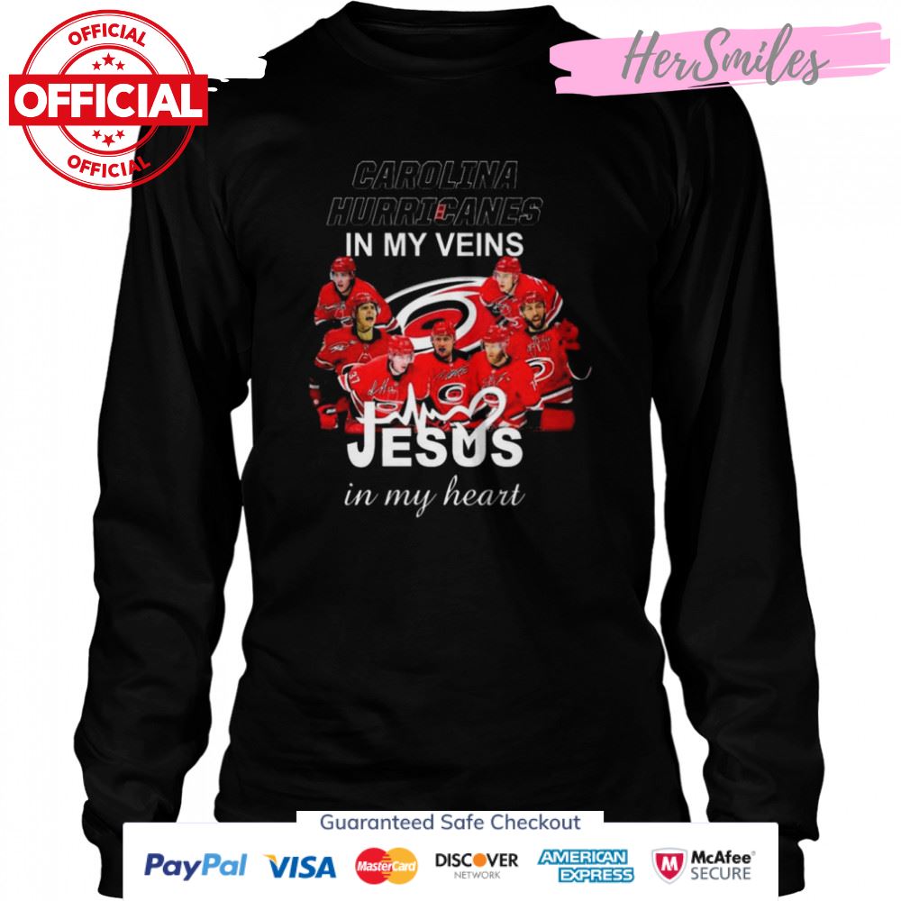 Carolina Hurricanes 2022 in my veins Jesus in my heart signatures shirt Carolina Hurricanes 2022 in my veins Jesus in my heart signatures shirt