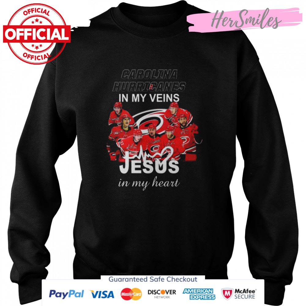 Carolina Hurricanes 2022 in my veins Jesus in my heart signatures shirt Carolina Hurricanes 2022 in my veins Jesus in my heart signatures shirt