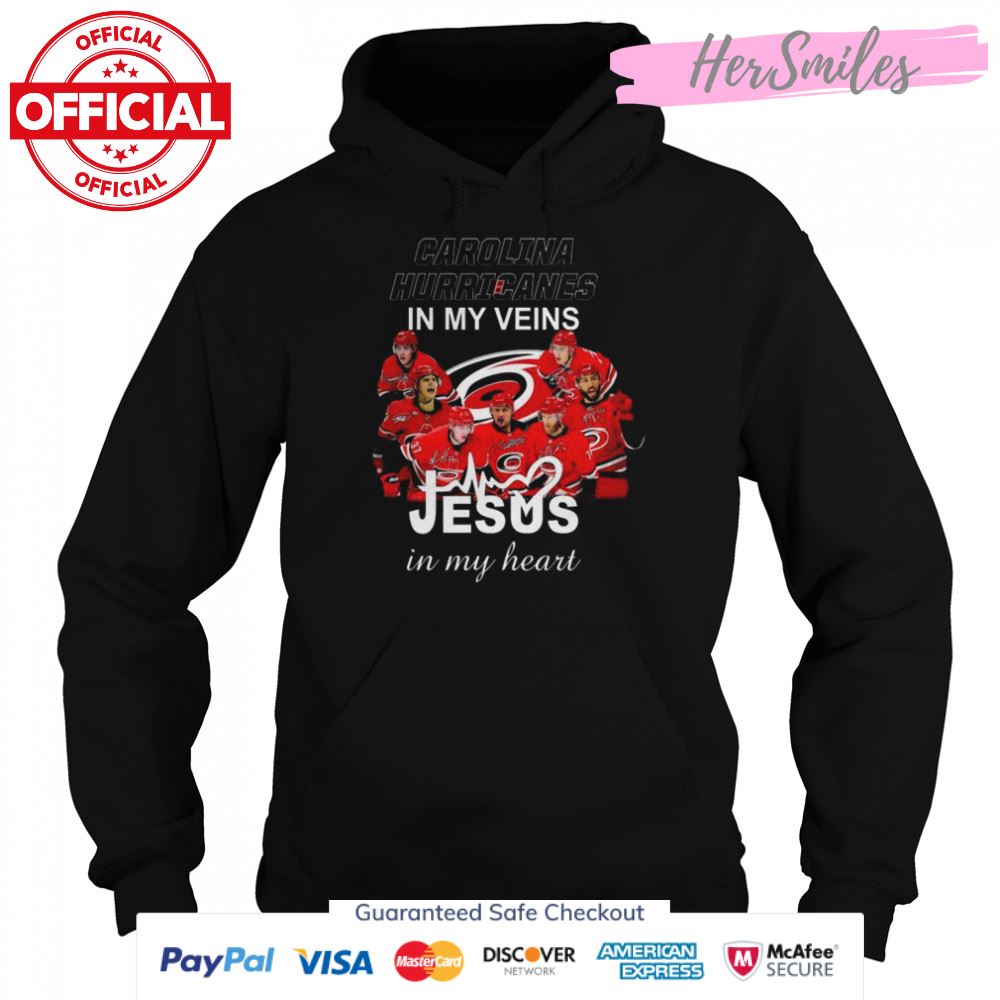 Carolina Hurricanes in my veins Jesus in my heart signatures shirt Carolina Hurricanes in my veins Jesus in my heart signatures shirt