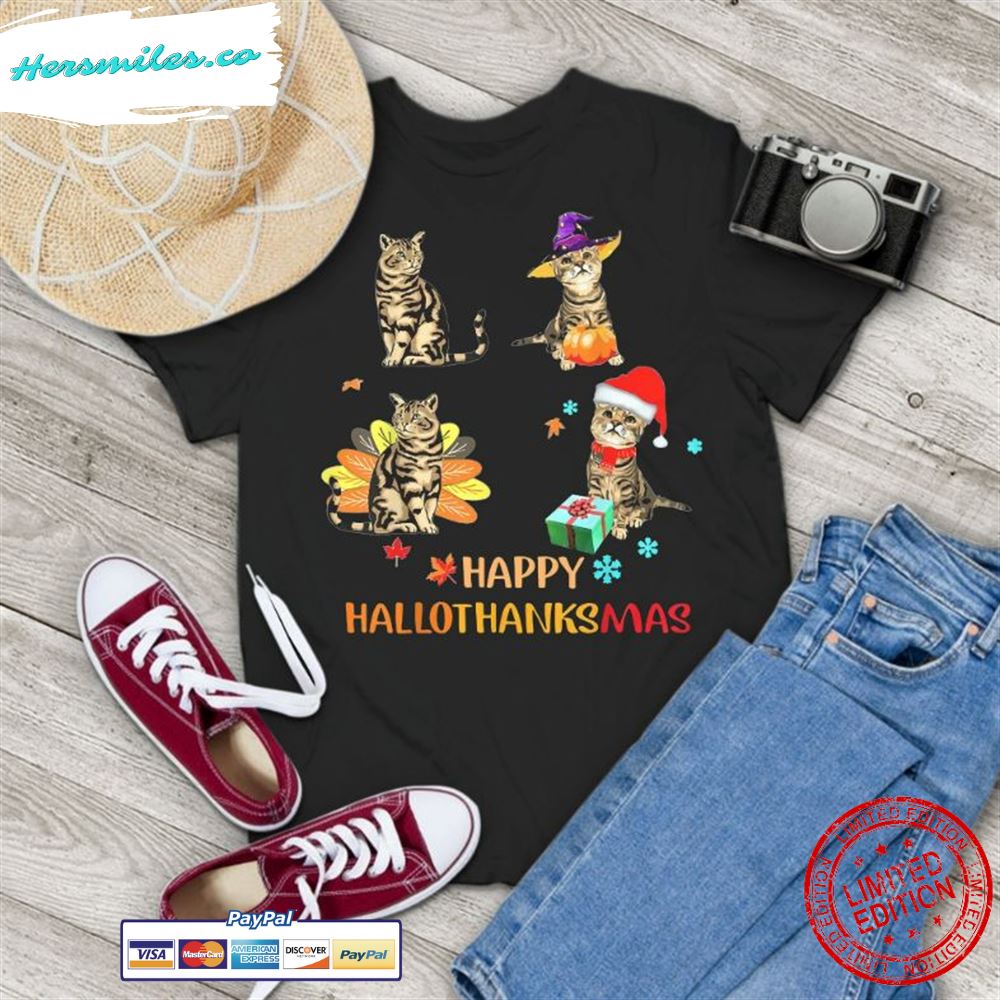 Cats Happy Hallothanksmas Funny Halloween And Xmas Gifts Vintage T-Shirt