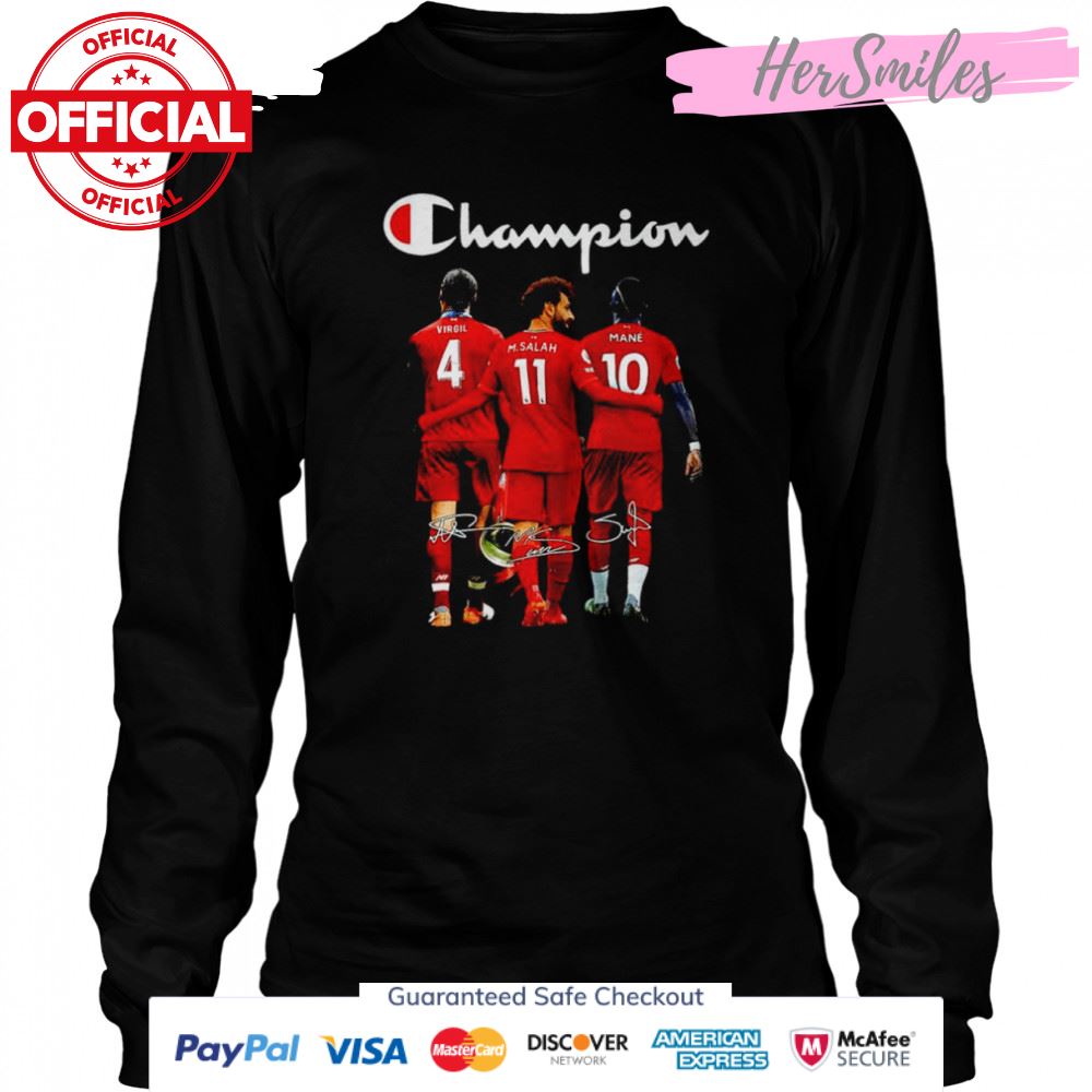 Champion Virgil van Dijk Mohamed Salah Sadio Mané signatures shirt Champion Virgil van Dijk Mohamed Salah Sadio Mané signatures shirt