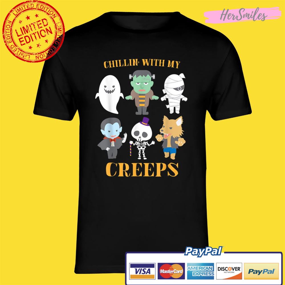 Chillin With My Creeps Funny Halloween Shirt Skeleton Ghost