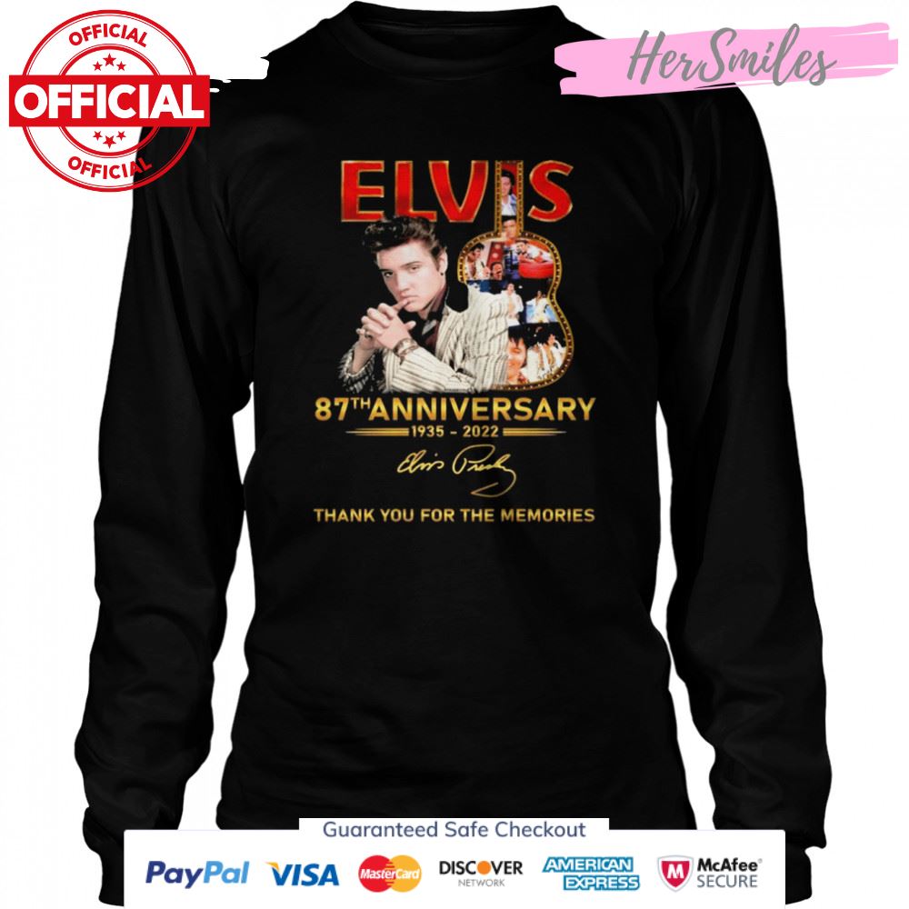 Elvis Presley Guitar Rock 87th Anniversary 1935-2022 Signature Thank You For The Memories Shirt Elvis Presley Guitar Rock 87th Anniversary 1935-2022 Signature Thank You For The Memories Shirt