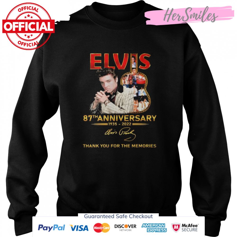 Elvis Presley Guitar Rock 87th Anniversary 1935-2022 Signature Thank You For The Memories Shirt Elvis Presley Guitar Rock 87th Anniversary 1935-2022 Signature Thank You For The Memories Shirt