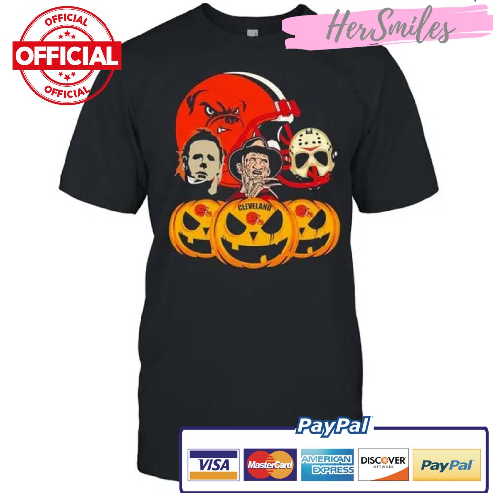 Halloween Horror Movie Pumpkin Snd Jason Voorhees And Freddy Krueger Cleveland Browns Shirt