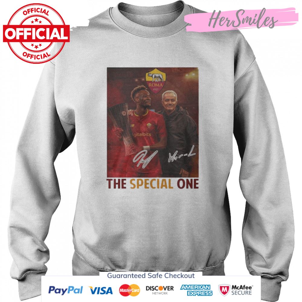 Jose Mourinho And Tammy Abraham AS Roma The Special One Signatures Shirt Jose Mourinho And Tammy Abraham AS Roma The Special One Signatures Shirt