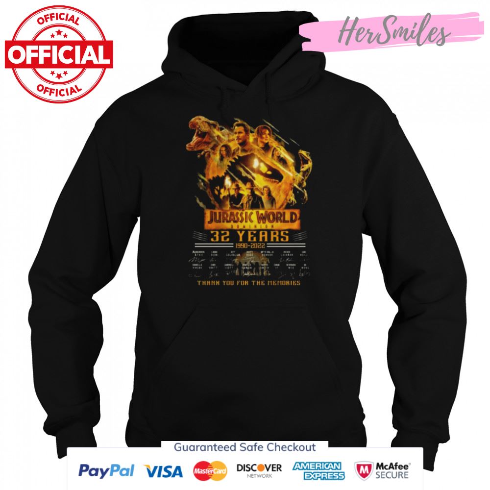 Jurassic World Dominion 32 years 1993-2022 thank you for the memories signatures shirt Jurassic World Dominion 32 years 1993-2022 thank you for the memories signatures shirt