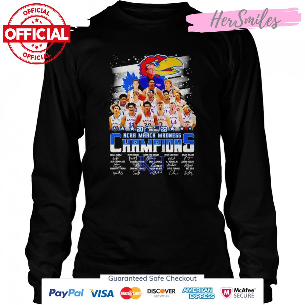 Kansas Jayhawks 2022 NCAA March Madness Champions signatures shirt Kansas Jayhawks 2022 NCAA March Madness Champions signatures shirt