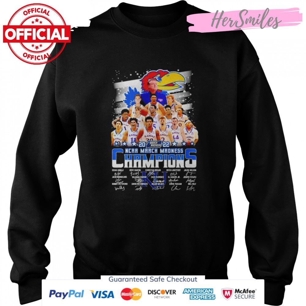 Kansas Jayhawks 2022 NCAA March Madness Champions signatures shirt Kansas Jayhawks 2022 NCAA March Madness Champions signatures shirt