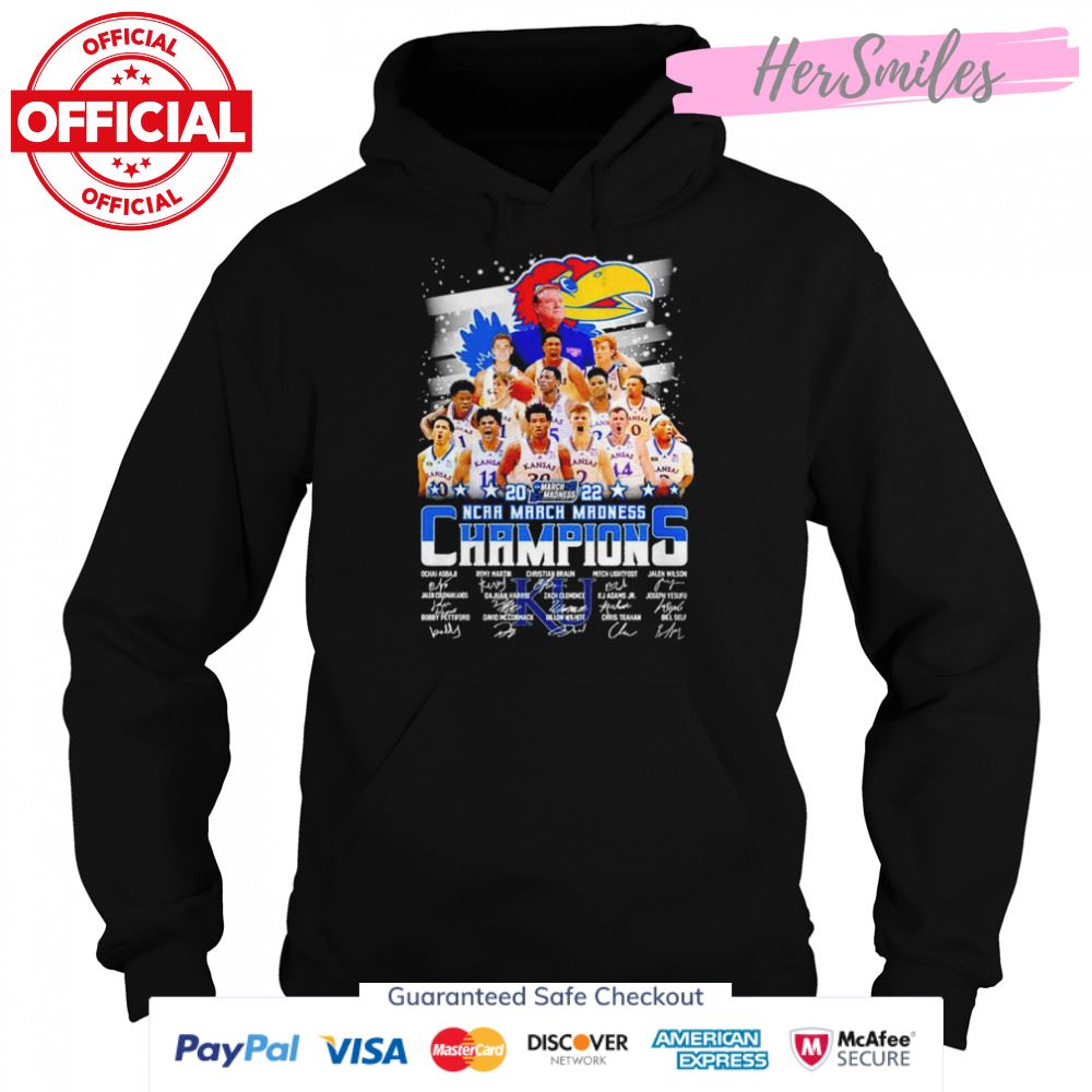 Kansas Jayhawks 2022 NCAA March Madness Champions signatures shirt Kansas Jayhawks 2022 NCAA March Madness Champions signatures shirt