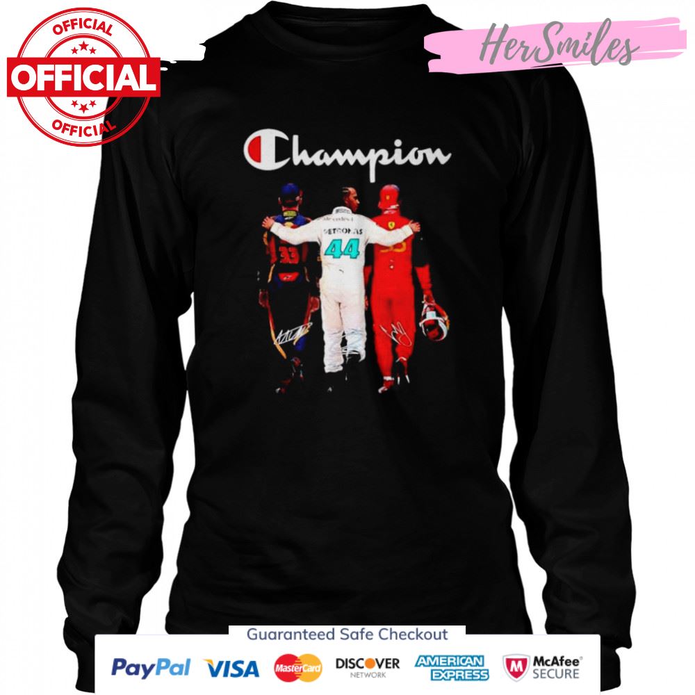 Max Verstappen Lewis Hamilton and Carlos Sainz F1 Champion signatures shirt Max Verstappen Lewis Hamilton and Carlos Sainz F1 Champion signatures shirt