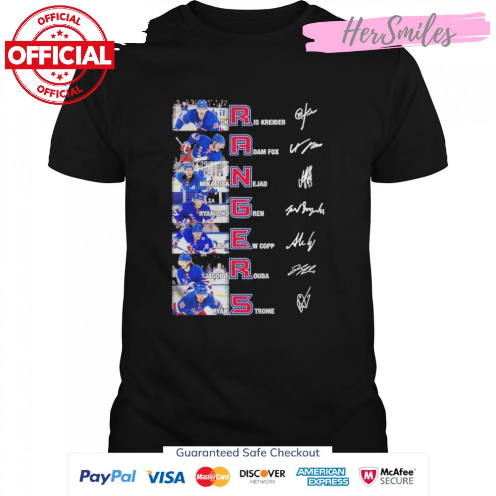 New York Rangers Chris Kreider Adam Fox Mika Zibanejad signatures shirt