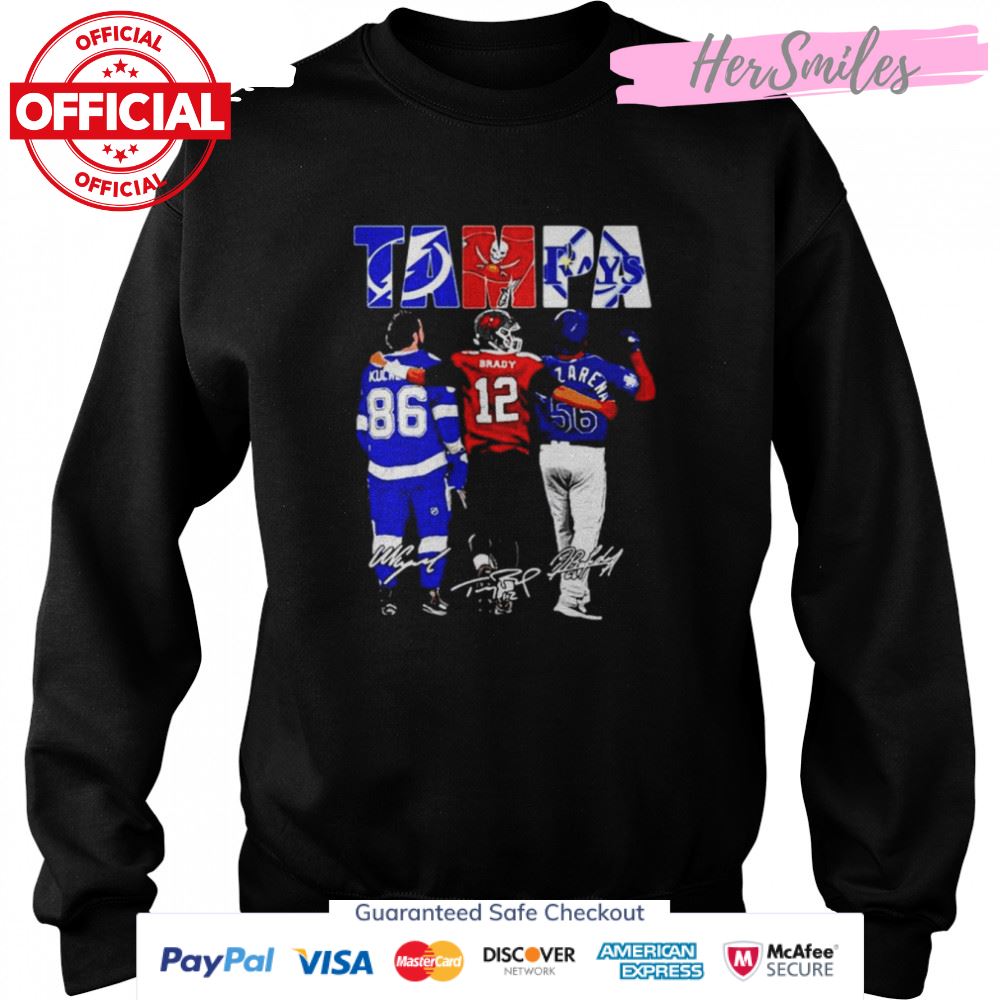 Nikita Kucherov Tom Brady and Randy Arozarena Tampa City of Champions Signatures shirt Nikita Kucherov Tom Brady and Randy Arozarena Tampa City of Champions Signatures shirt
