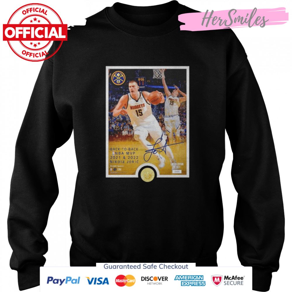 Nikola Jokić Denver Nuggets Back-To-Back MVP Plaque signature shirt Nikola Jokić Denver Nuggets Back-To-Back MVP Plaque signature shirt