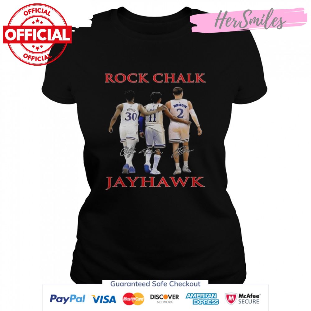 Rock Chalk Kansas Jayhawks Ochai Agbaji Remy Martin And Christian Braun Signatures Shirt