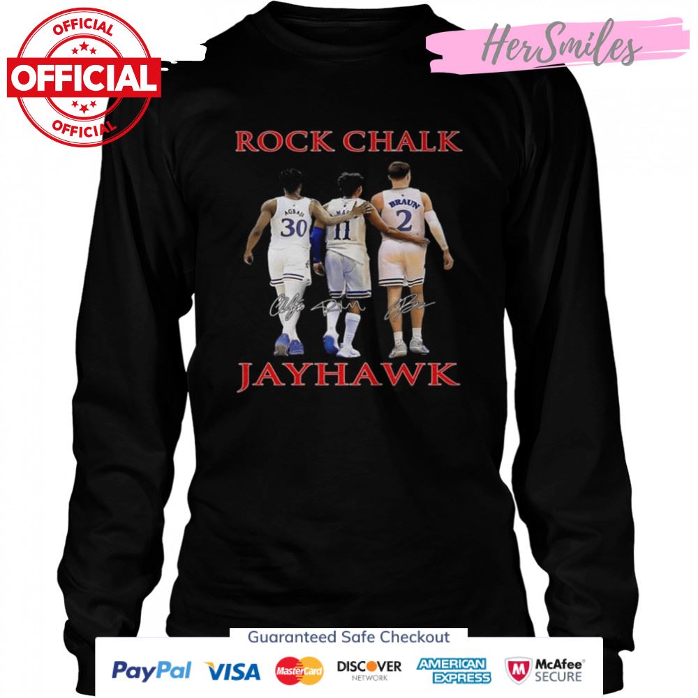 Rock Chalk Kansas Jayhawks Ochai Agbaji Remy Martin And Christian Braun Signatures Shirt Rock Chalk Kansas Jayhawks Ochai Agbaji Remy Martin And Christian Braun Signatures Shirt