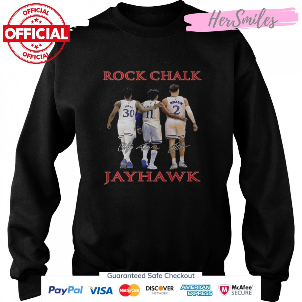Rock Chalk Kansas Jayhawks Ochai Agbaji Remy Martin And Christian Braun Signatures Shirt Rock Chalk Kansas Jayhawks Ochai Agbaji Remy Martin And Christian Braun Signatures Shirt