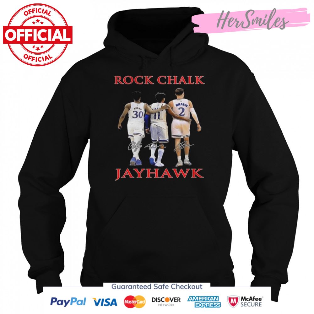 Rock Chalk Kansas Jayhawks Ochai Agbaji Remy Martin And Christian Braun Signatures Shirt Rock Chalk Kansas Jayhawks Ochai Agbaji Remy Martin And Christian Braun Signatures Shirt