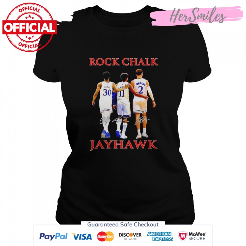 Rock Chalk Ochai Agbaji Remy Martin and Christian Braun Kansas Jayhawks signatures shirt
