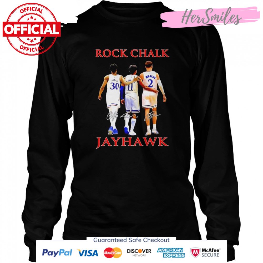 Rock Chalk Ochai Agbaji Remy Martin and Christian Braun Kansas Jayhawks signatures shirt Rock Chalk Ochai Agbaji Remy Martin and Christian Braun Kansas Jayhawks signatures shirt
