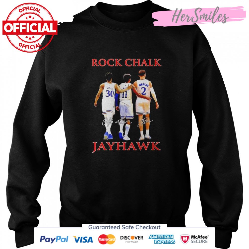 Rock Chalk Ochai Agbaji Remy Martin and Christian Braun Kansas Jayhawks signatures shirt Rock Chalk Ochai Agbaji Remy Martin and Christian Braun Kansas Jayhawks signatures shirt