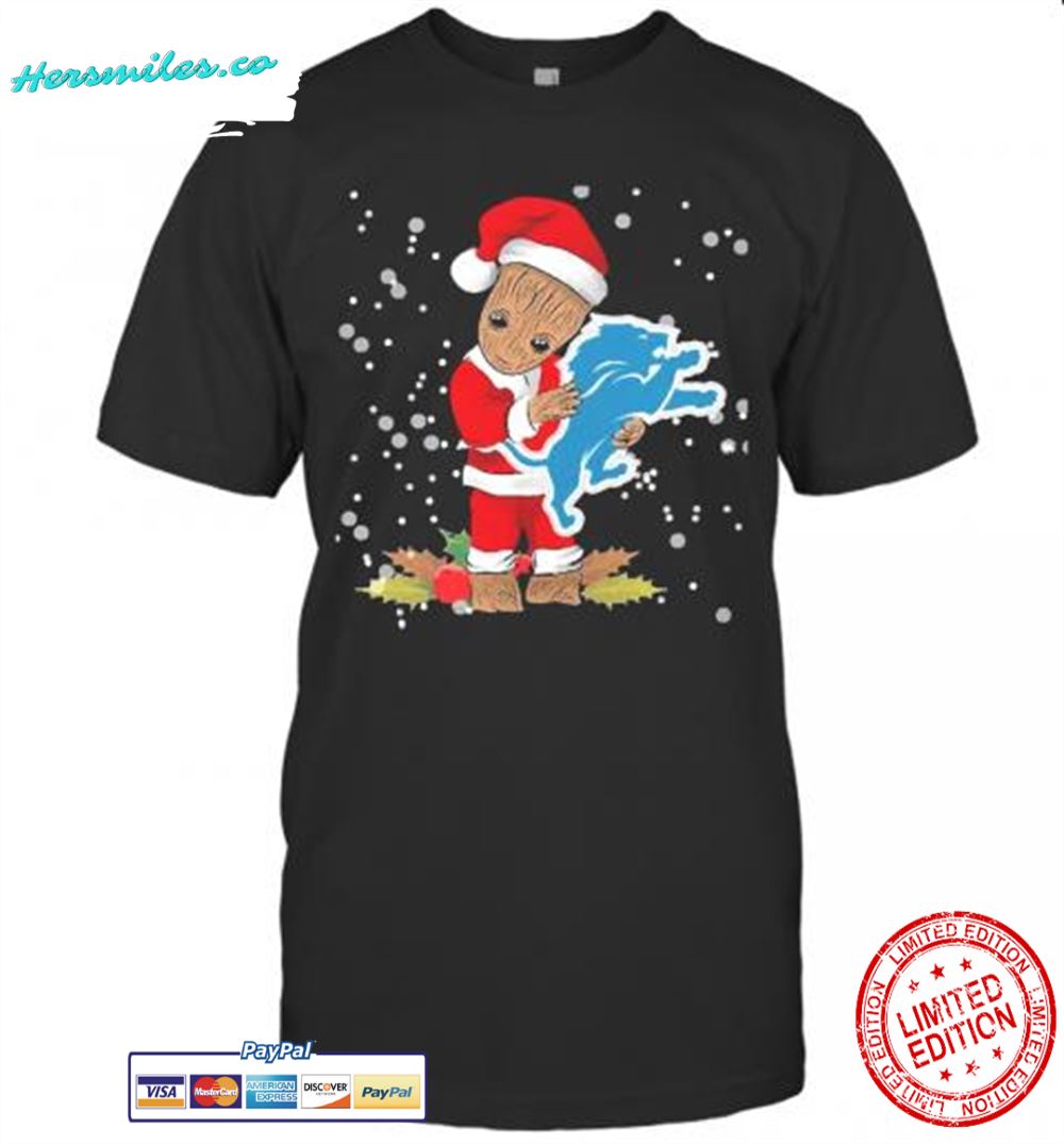 Santa Baby Groot Hug Detroit Lions Christmas T-Shirt