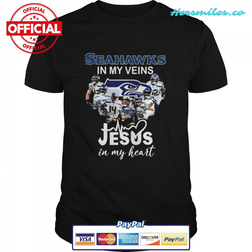 Seattle Seahawks In My Veins Jesus In My Heart Signatures Shirt