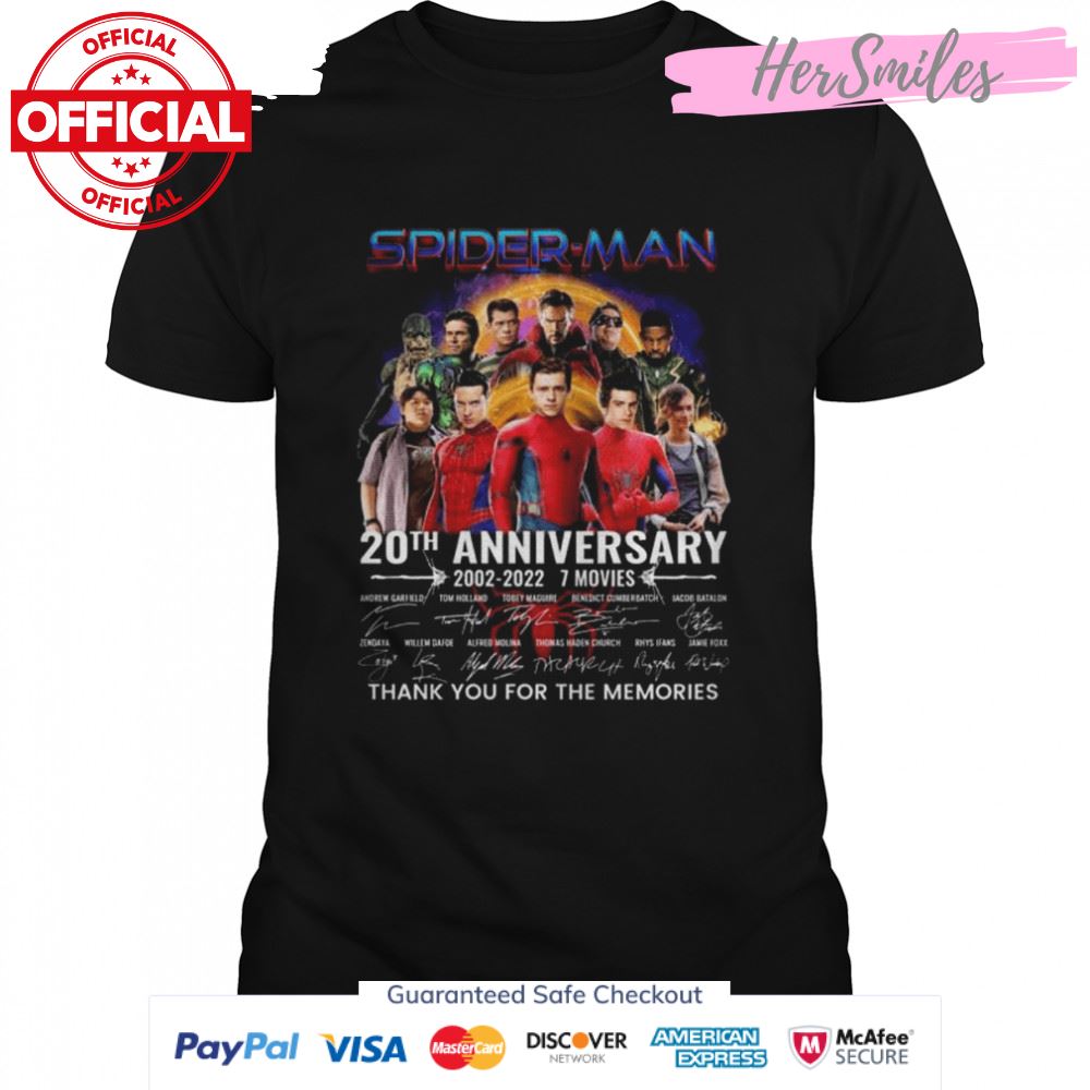 Spider Man 20th anniversary 2002 2022 7 movies thank you for the memories signatures shirt