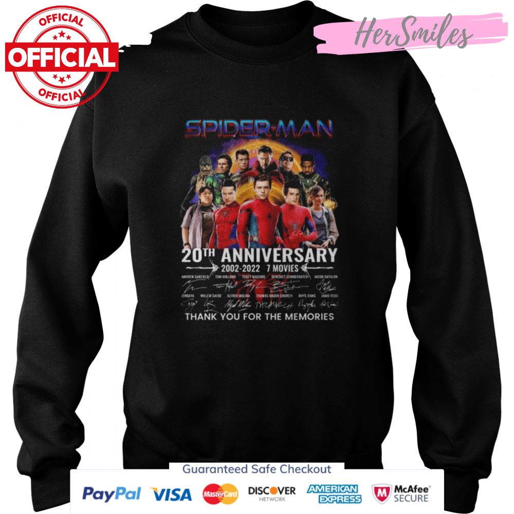 Spider Man 20th anniversary 2002 2022 7 movies thank you for the memories signatures shirt Spider Man 20th anniversary 2002 2022 7 movies thank you for the memories signatures shirt