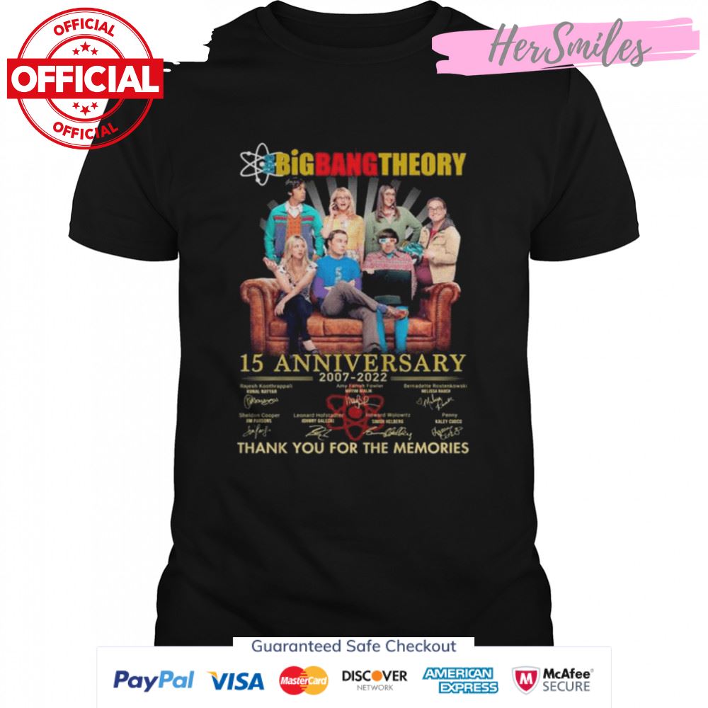 The Big Bang Theory 15 anniversary 2007-2022 Kunal Nayyar Mayim Bialik signatures thanks shirt