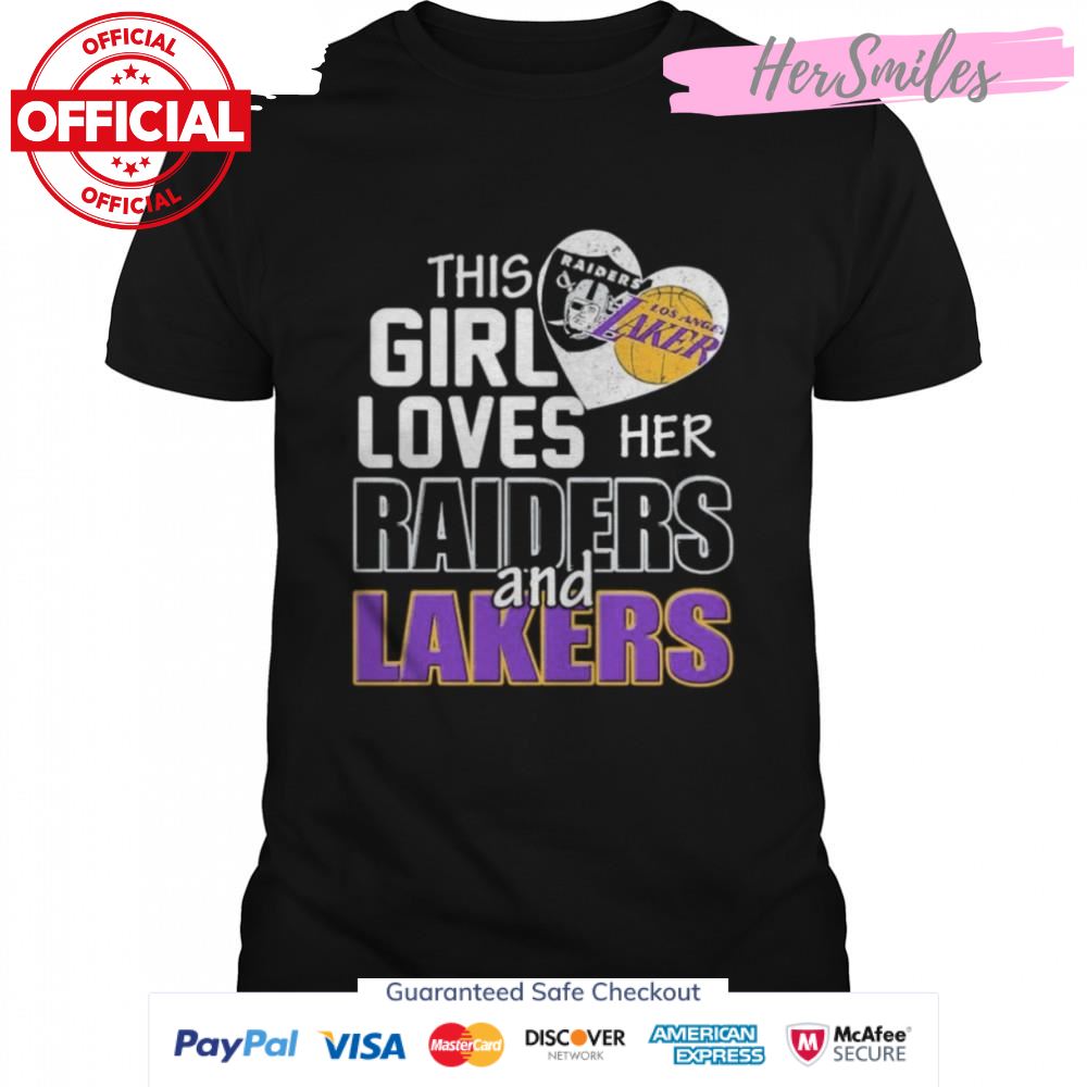 This girl loves her Las vegas Raiders and Los Angeles Lakers shirt