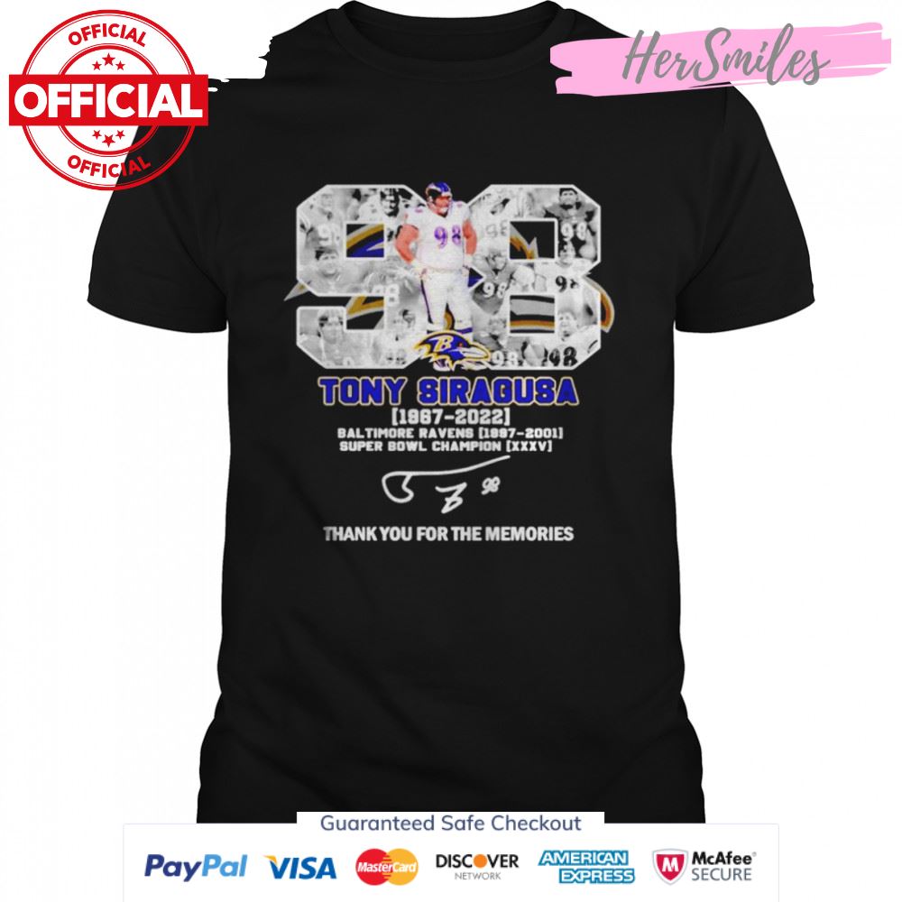 Tony Siragusa 1967-2022 Baltimore Ravens thank you for the memories signatures shirt
