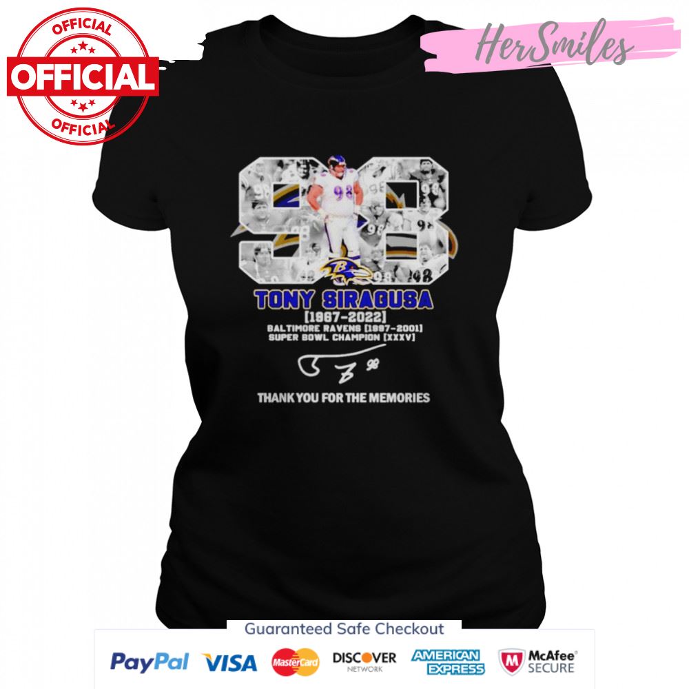 Tony Siragusa 1967-2022 Baltimore Ravens thank you for the memories signatures shirt