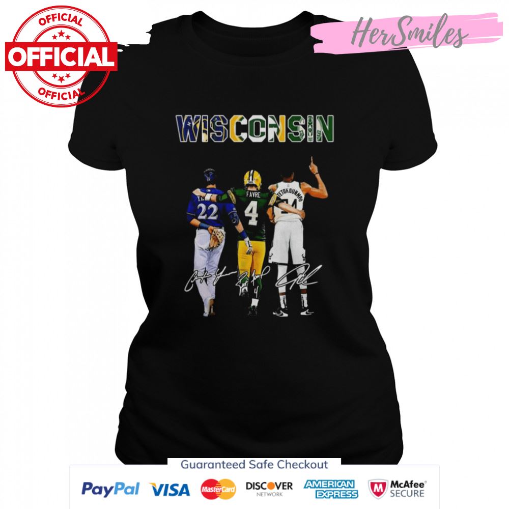 Wisconsin Team Sport Christian Yelich And Brett Favre And Antetokounmpo Signatures Shirt