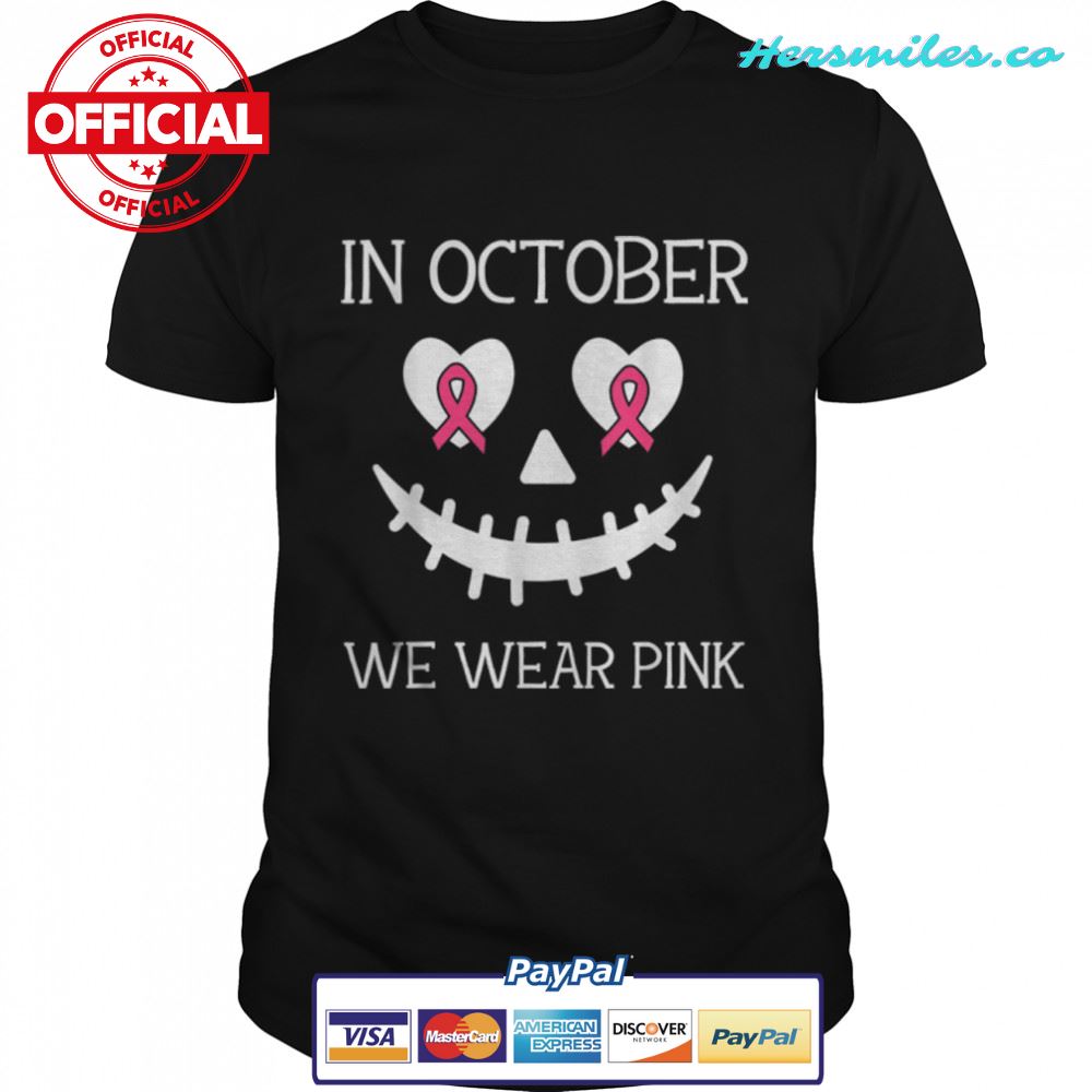 Creepy Pumpkin In October We Wear Pink Cancer Halloween Kids T-Shirt