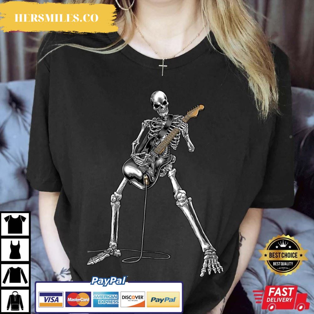 Happy Skeleton Guitar Guy Halloween Rock Band Concert T-Shirt
