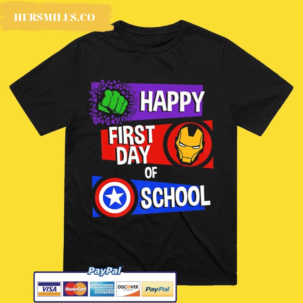 Marvel Avengers Happy First Day Of School Text T-Shirt