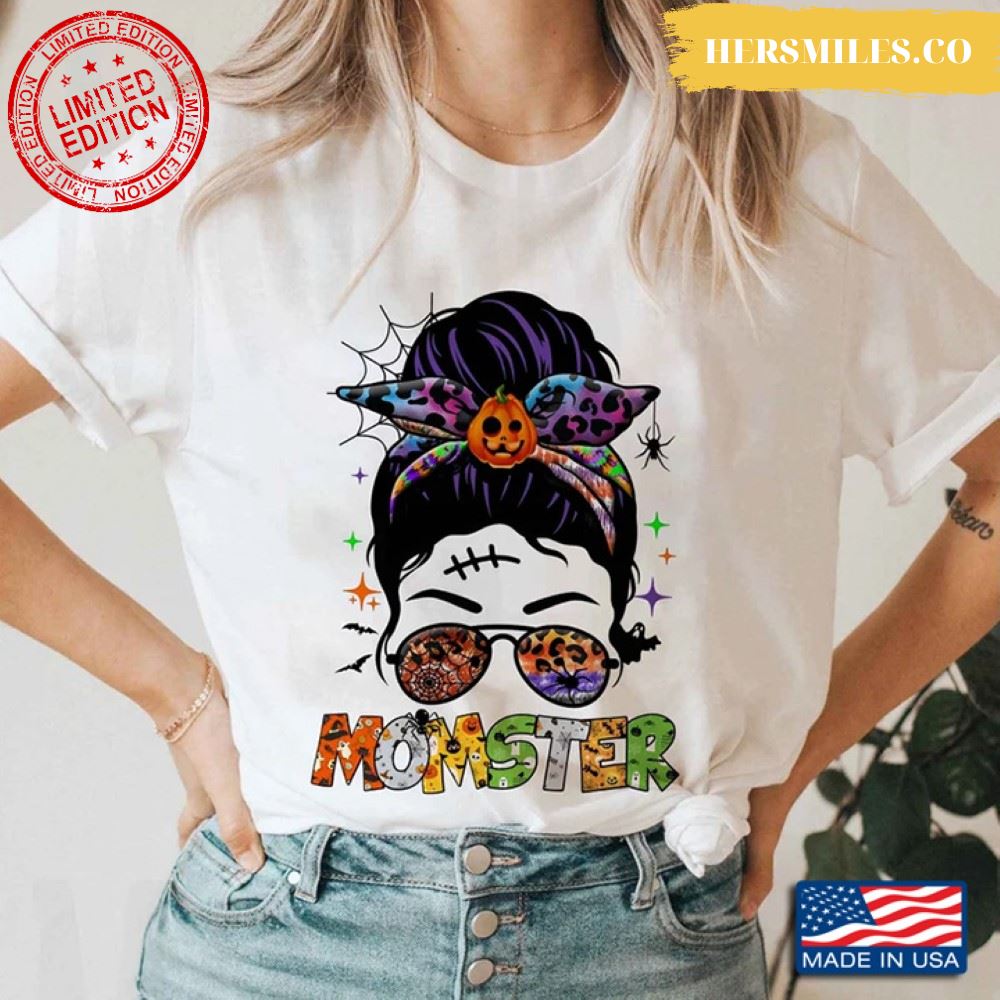 Momster Messy Bun Girl With Headband And Glasses Leopard for Halloween T-Shirt